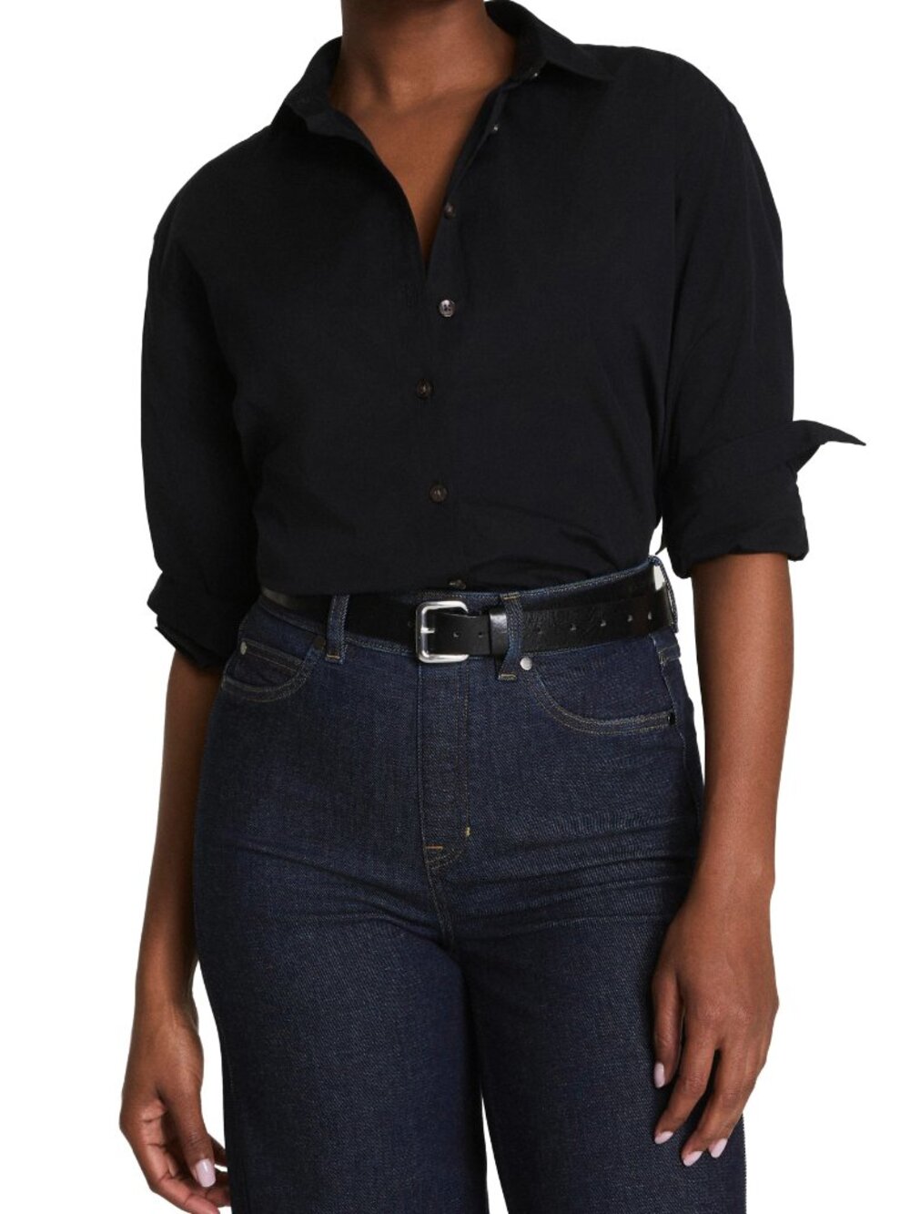 Spanx Women L Poplin Button Front Top Oversized Woven Long Sleeve Black Relaxed
